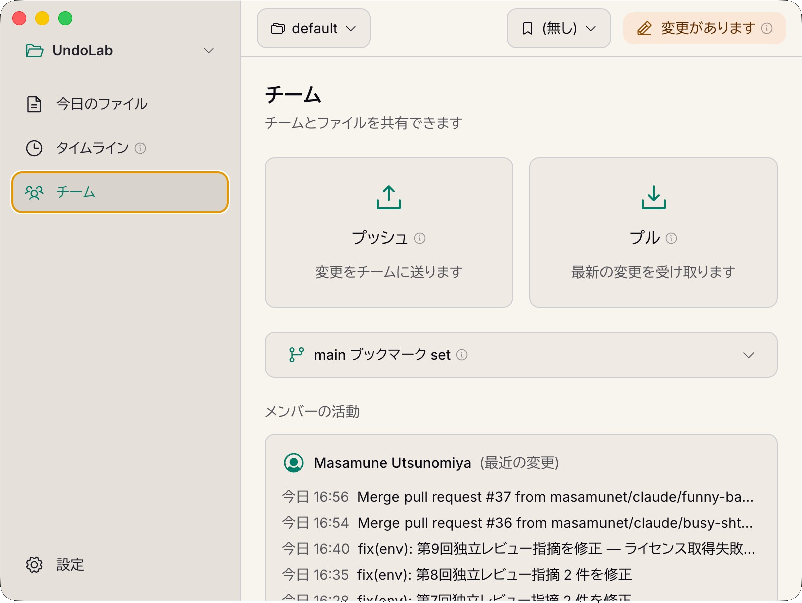 チーム画面: プッシュ / プル と、メンバーの活動一覧